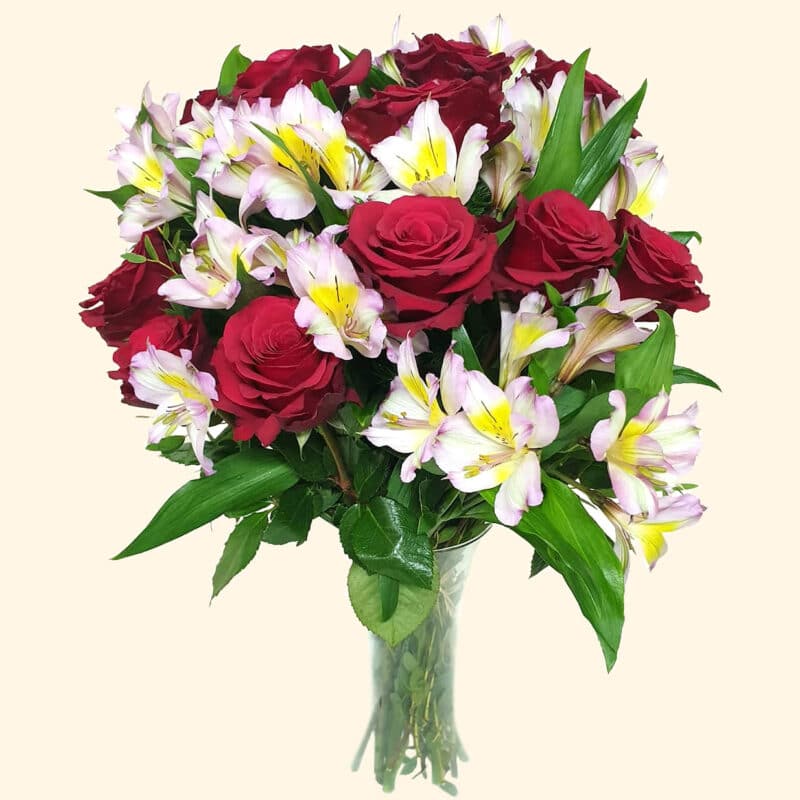 Consegna su appuntamento a Roma Bouquet rose rosse lilium e aspidistra