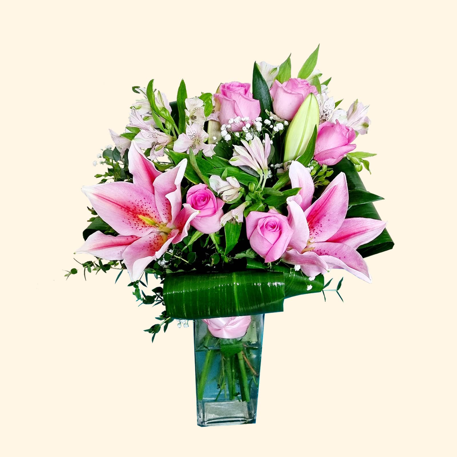 Bouquet rosa di Lilium, Rose e Astromelia - Romainfiore Flower Delivery