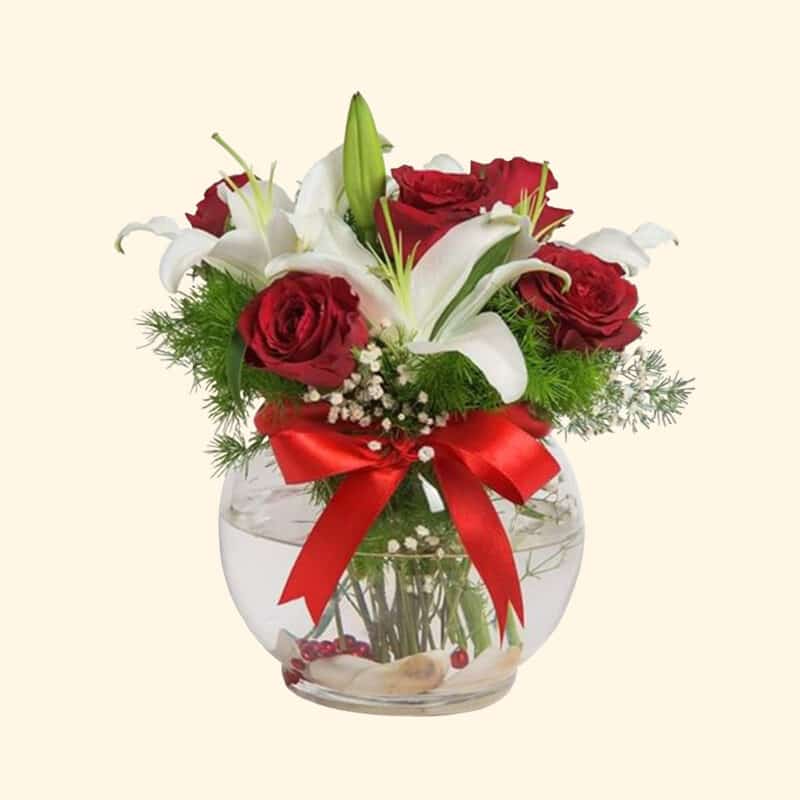Composizione in vetro di Rose rosse e Lilium bianchi