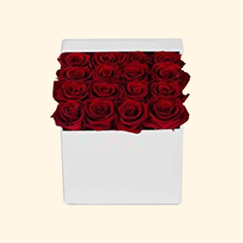 Flower Box in cappelliera quadrata con Rose stabilizzate di colore rosso