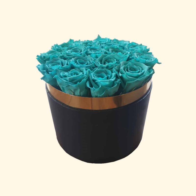 Flower Box in cappelliera tonda con Rose stabilizzate di colore Tiffany