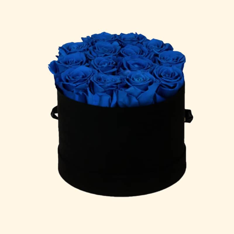Flower Box in cappelliera tonda con Rose stabilizzate di colore blu