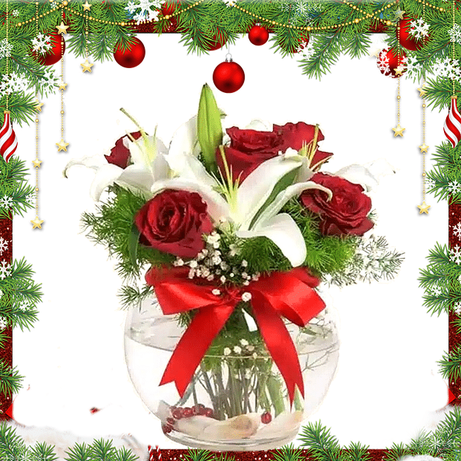 Composizione in vetro di Rose rosse e Lilium bianchi