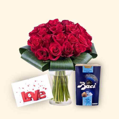 Romantico set per San valentino composto da 25 splendide Rose rosse, una scatola di deliziosi cioccolatini e uno speciale bigliettino con dedica personalizzata!