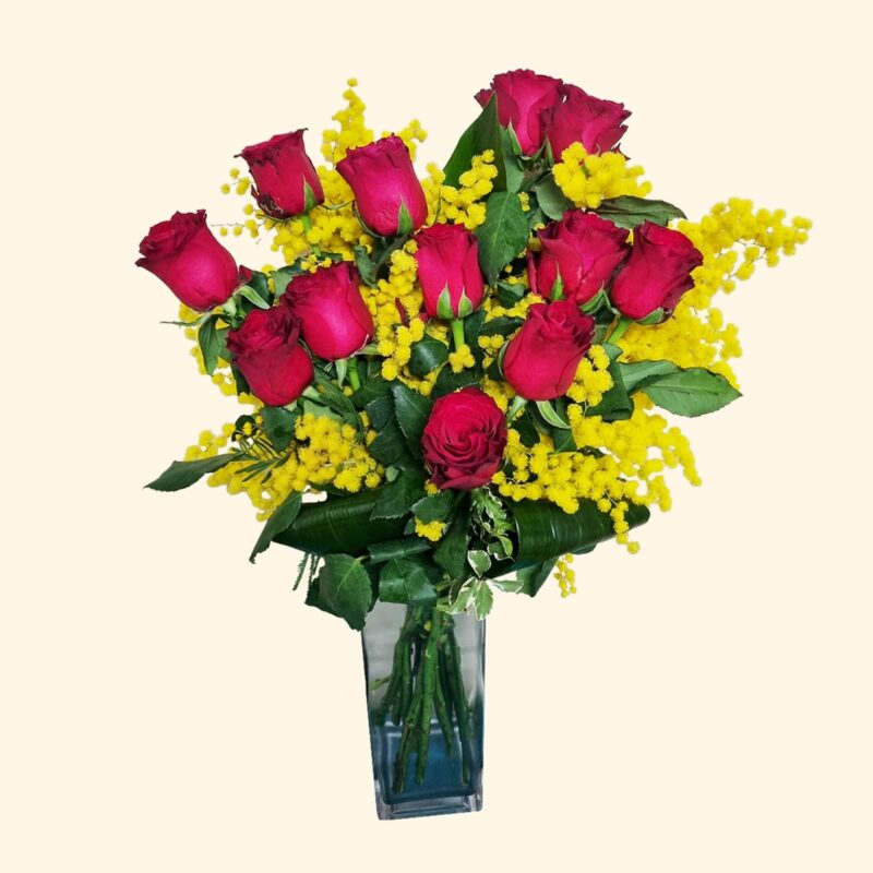 Festa della donna 12 ROSE ROSSE CON MIMOSA