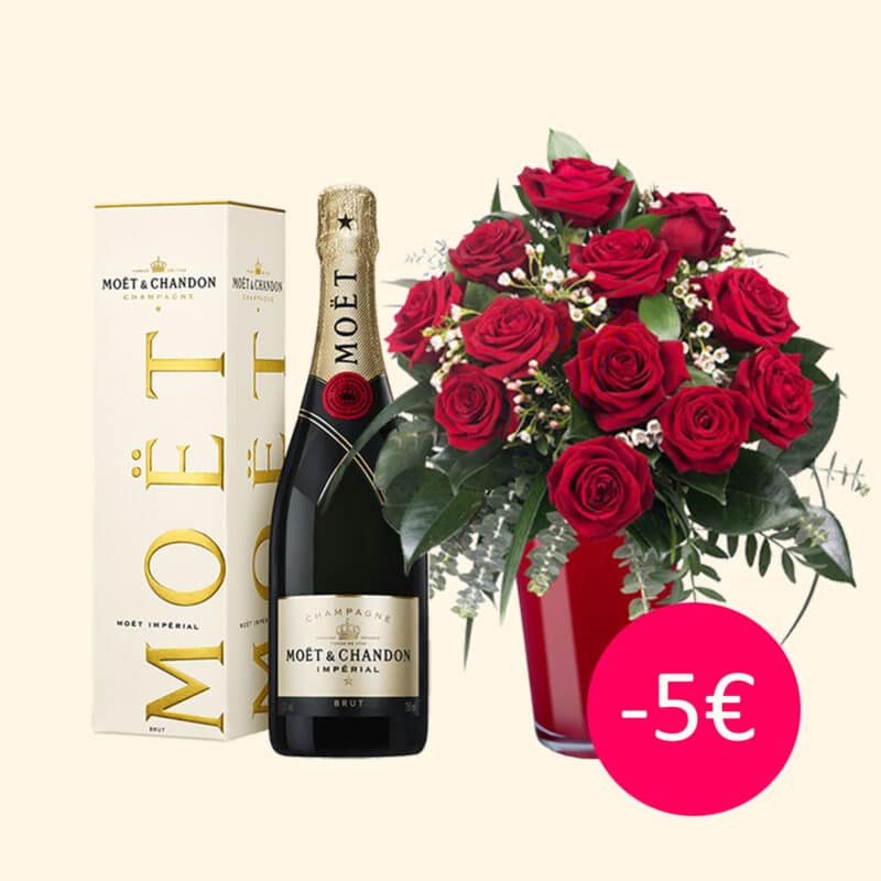  Bouquet 12 Rose rosse con Champagne
