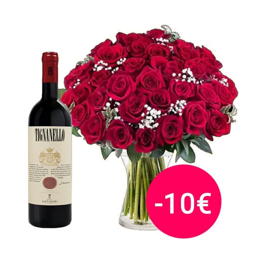 Consegna  Bouquet 30 Rose rosse con vino Tignanello