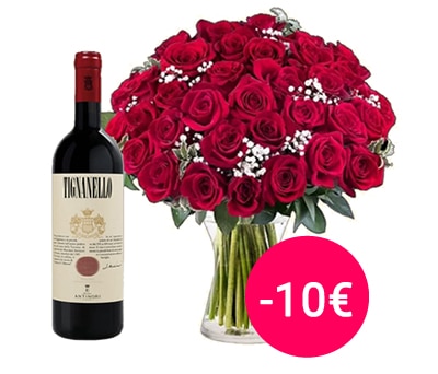 Consegna  Bouquet 30 Rose rosse con bottiglia di vino Tignanello