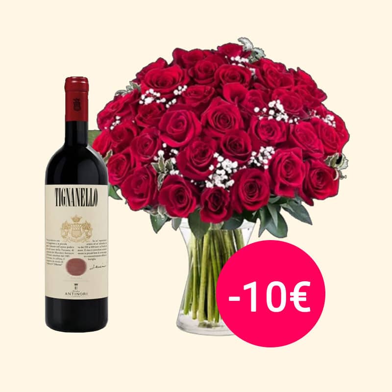 Consegna  Bouquet 30 Rose rosse con vino Tignanello