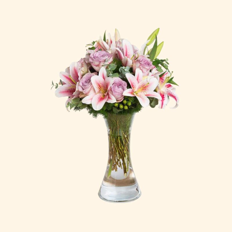 Lilium Star Gazer rosa Rose rosa ed Ipericum verde