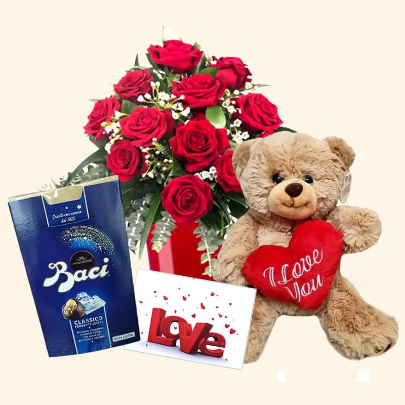 Consegniamo a domicilio e su appuntamento- Set composto da 12 rose rosse, pupazzino, cioccolatino e biglietto d'auguri personalizzato.