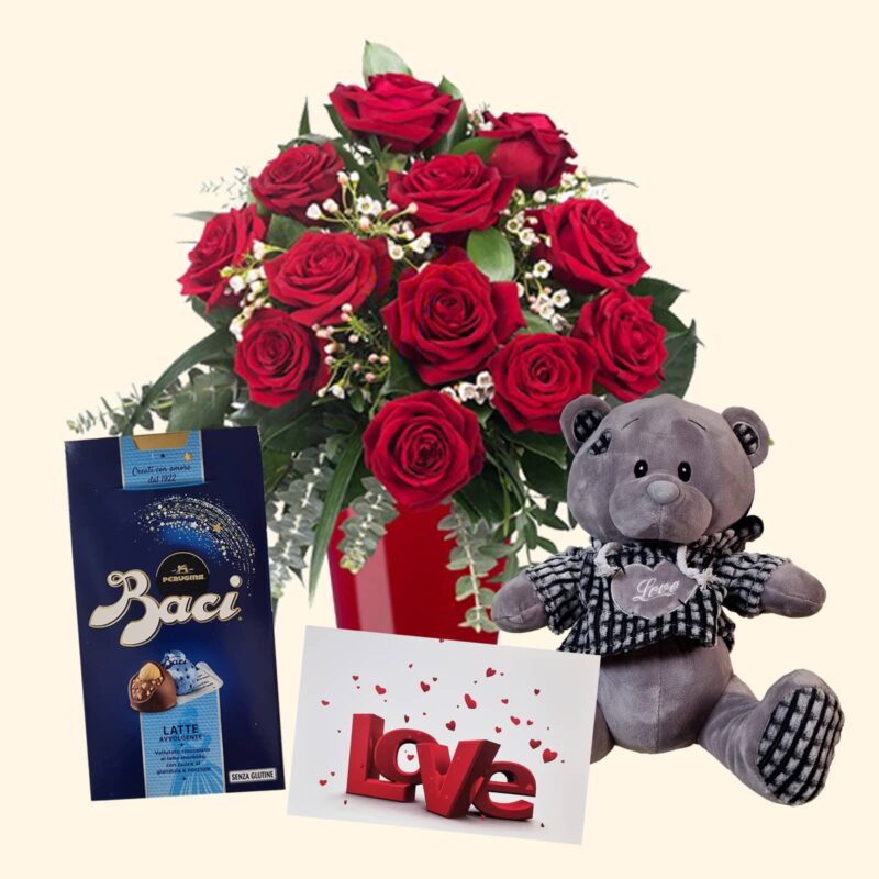 Regalo per San Valentino - Set composto da 12 rose rosse, pupazzino, cioccolatino e biglietto d'auguri personalizzato.