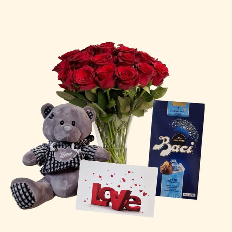 Regalo per San Valentino - Set composto da 20 rose rosse, orsacchiotto di peluche, cioccolatini e biglietto d'auguri personalizzato.