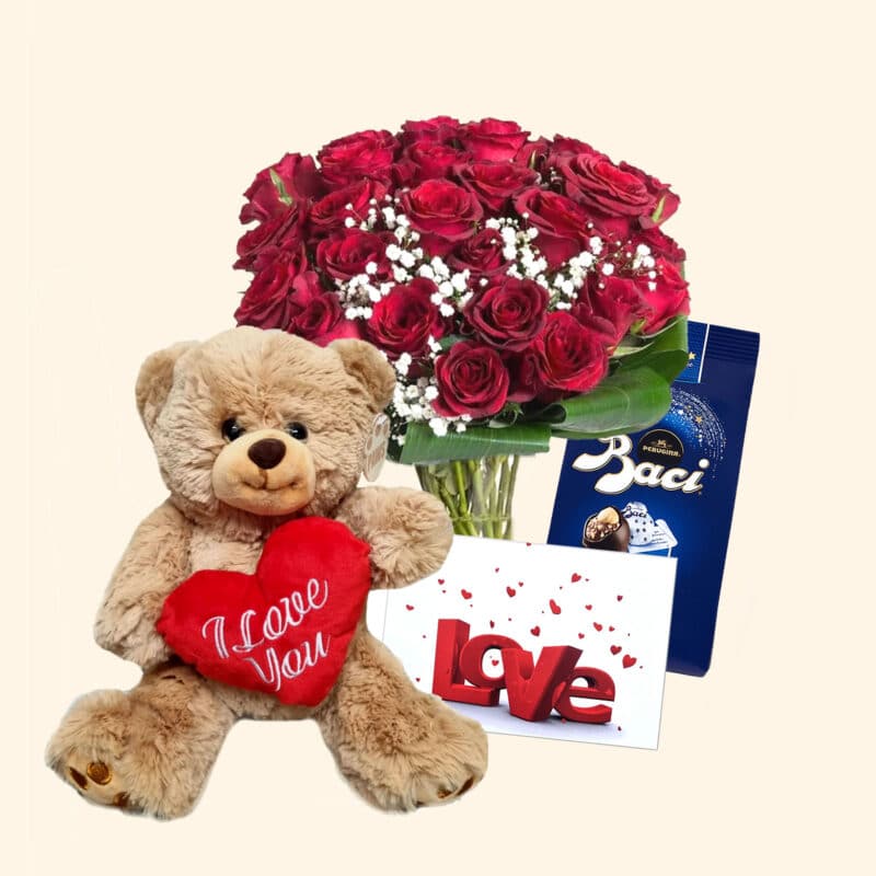 Set composto da 30 rose rosse, orsacchiotto di peluche, cioccolatini e biglietto d'auguri personalizzato.