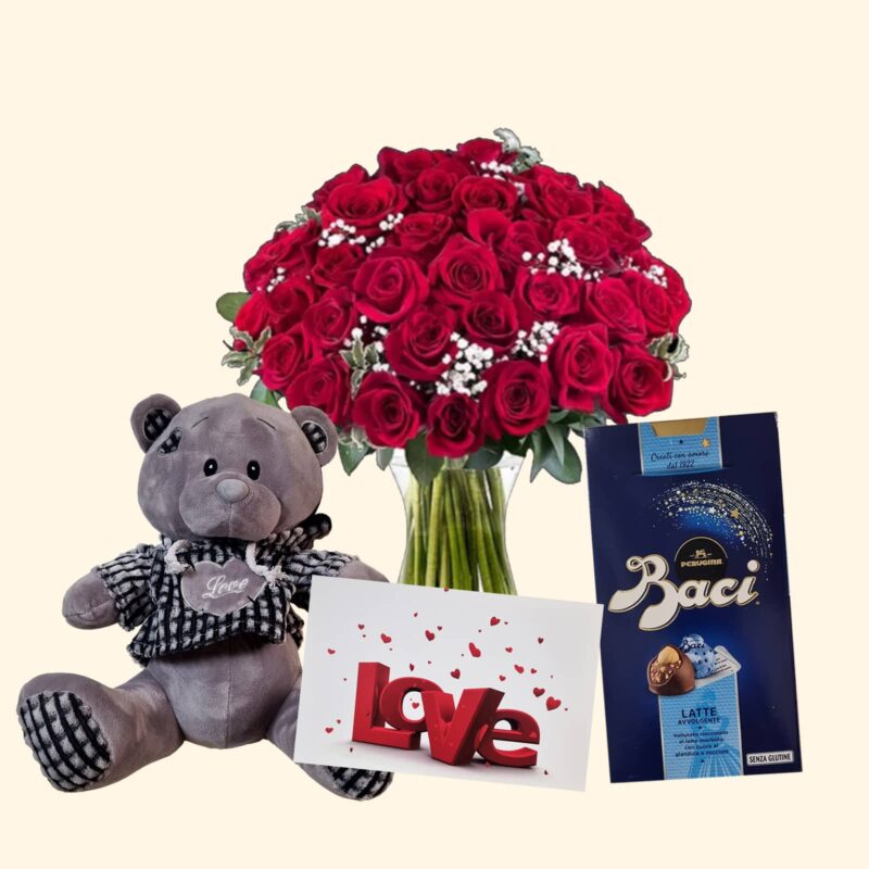 Regalo per San Valentino - Set composto da 30 rose rosse, orsacchiotto di peluche, cioccolatini e biglietto d'auguri personalizzato.