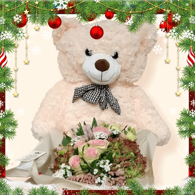 Idea regalo per Natale. Oversize Bouquet Mixed Flowers and Teddy Bear (120 cm). Delivery in Rome