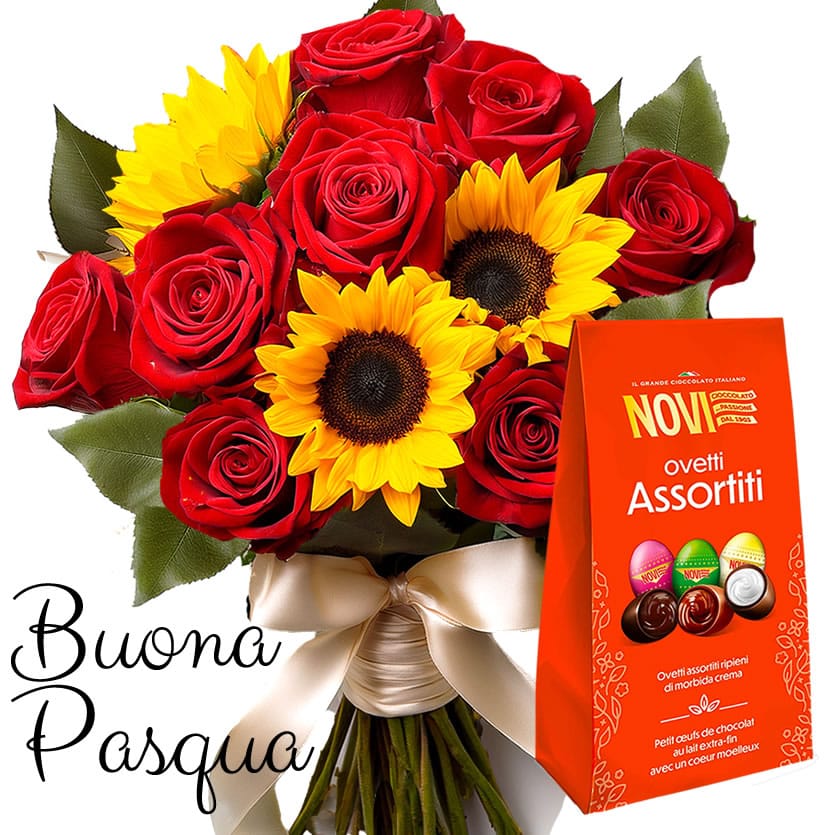 Per Pasqua regala questo allegro Bouquet di Rose e Girasoli. Consegniamo a domicilio a Roma