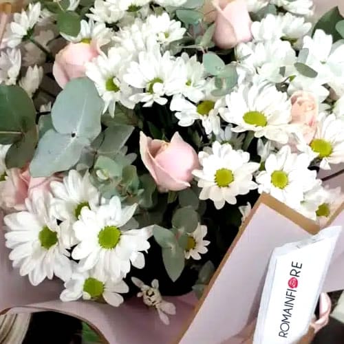 Un tenero e romantico bouquet di Margherite e Rose rosa. Consegna a domicilio. Flowers delivery Rome